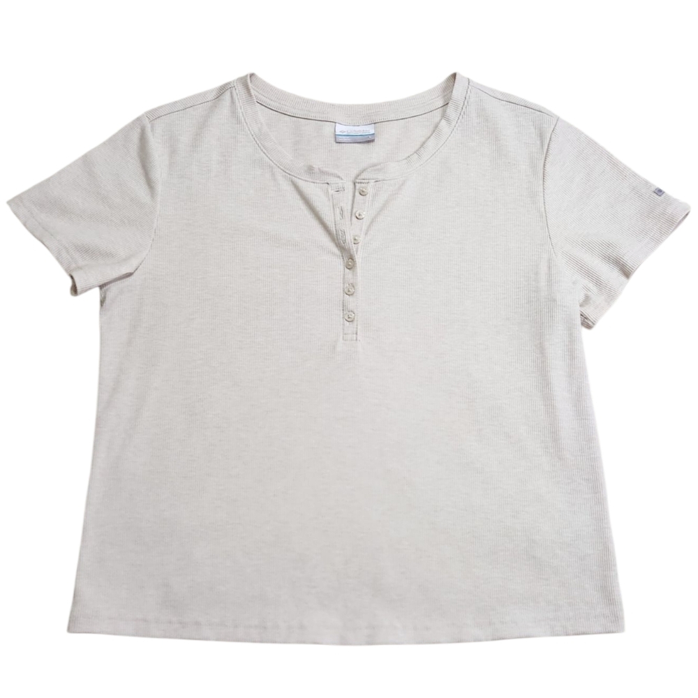 Columbia Womens Short Sleeve Henley Top Ivory Cream Sz Large Basic Casual